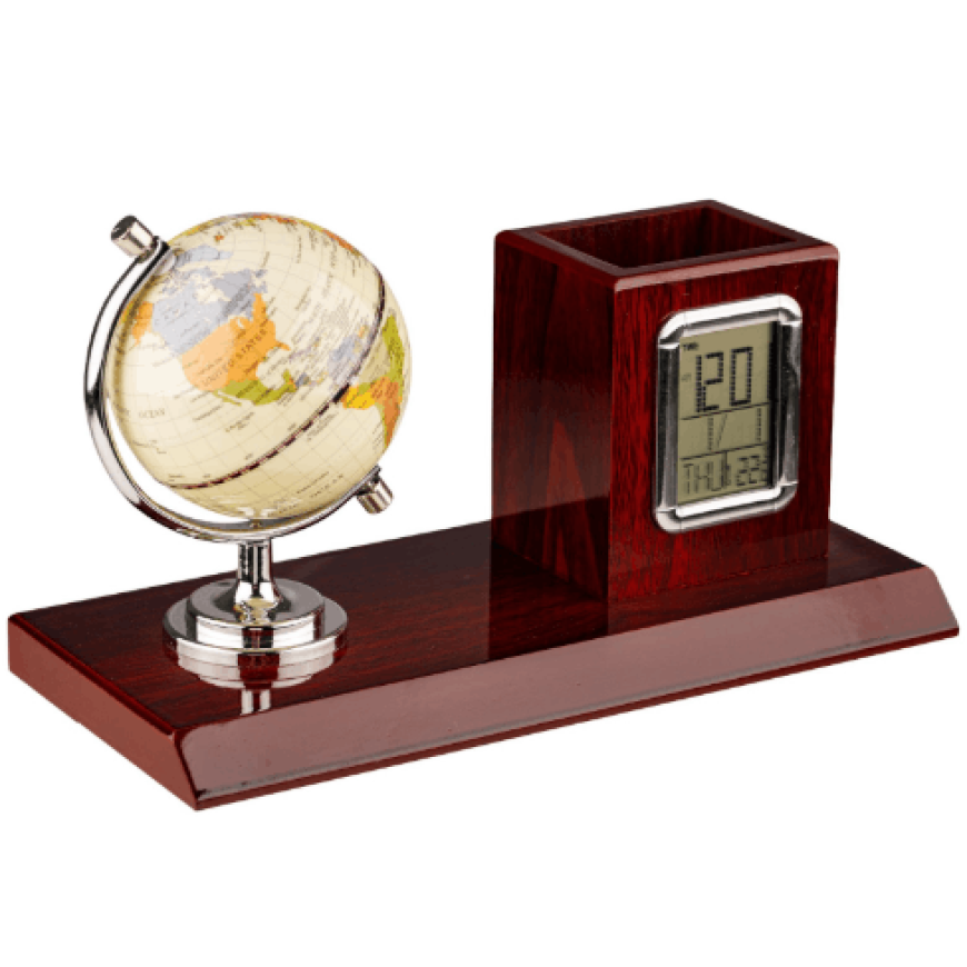Set birou elegant cu glob și suport pix – cu ceas