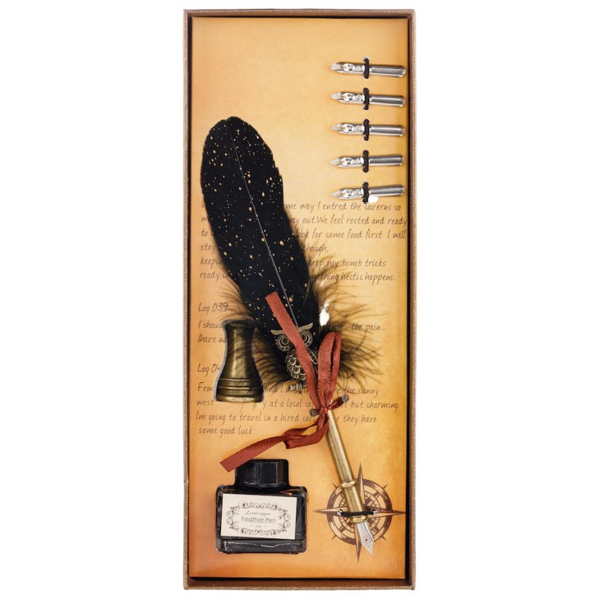 Set caligrafie cu pană neagră și călimară  - Set Elegant pentru Scris Clasic