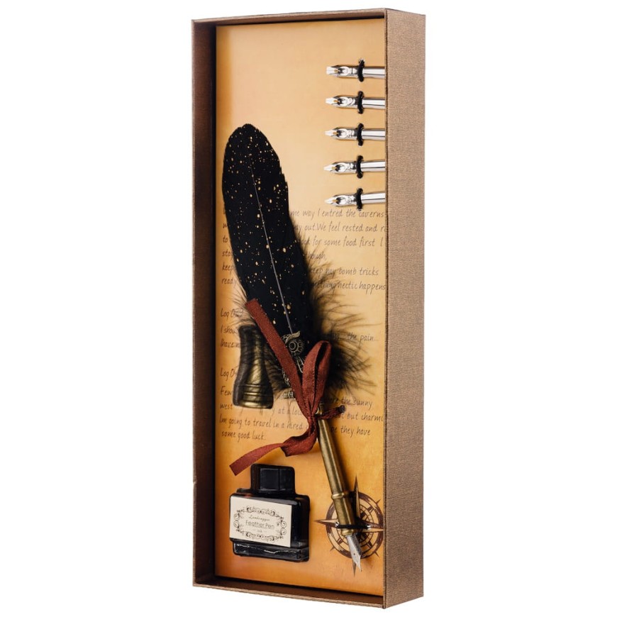 Set caligrafie cu pană neagră și călimară  - Set Elegant pentru Scris Clasic