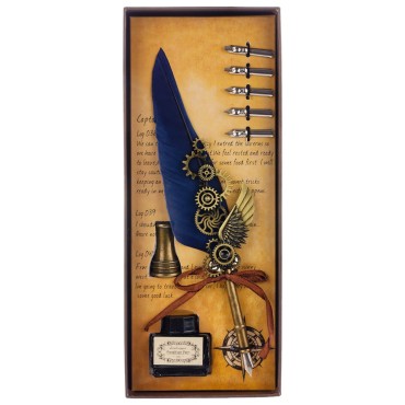 Set caligrafie cu pană albastră și călimară  - Set Elegant pentru Scris Clasic