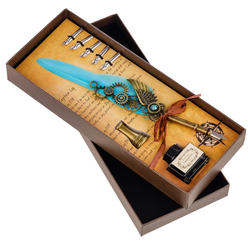 Set caligrafie cu pană turcoaz și călimară  - Set Elegant pentru Scris Clasic