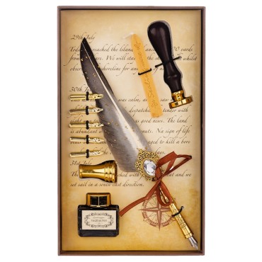 Set caligrafie cu pană, călimară și sigiliu - Set Elegant pentru Scris Clasic