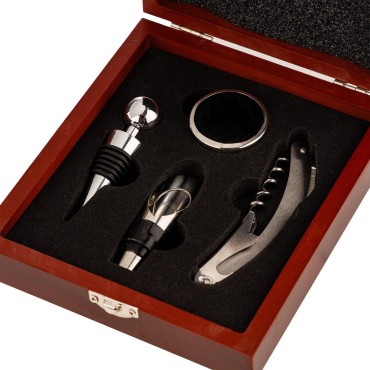Set vin în cutie din lemn – 4 accesorii