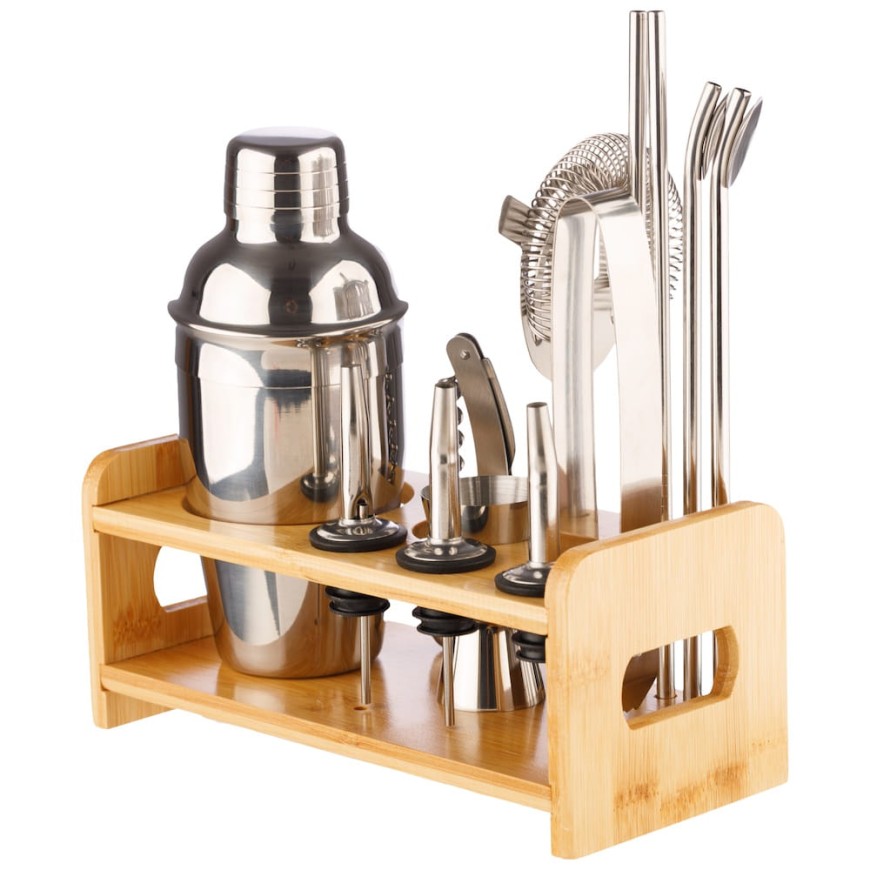 Set cocktail shaker și accesorii – suport din lemn